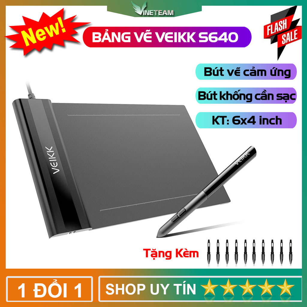 Bảng Vẽ Đồ Họa Kỹ Thuật Số Veikk S640 (6x4 Inch) 8192 mức áp lực Bút thụ động 5080 LPI một chạm - Hàng Nhập Khẩu