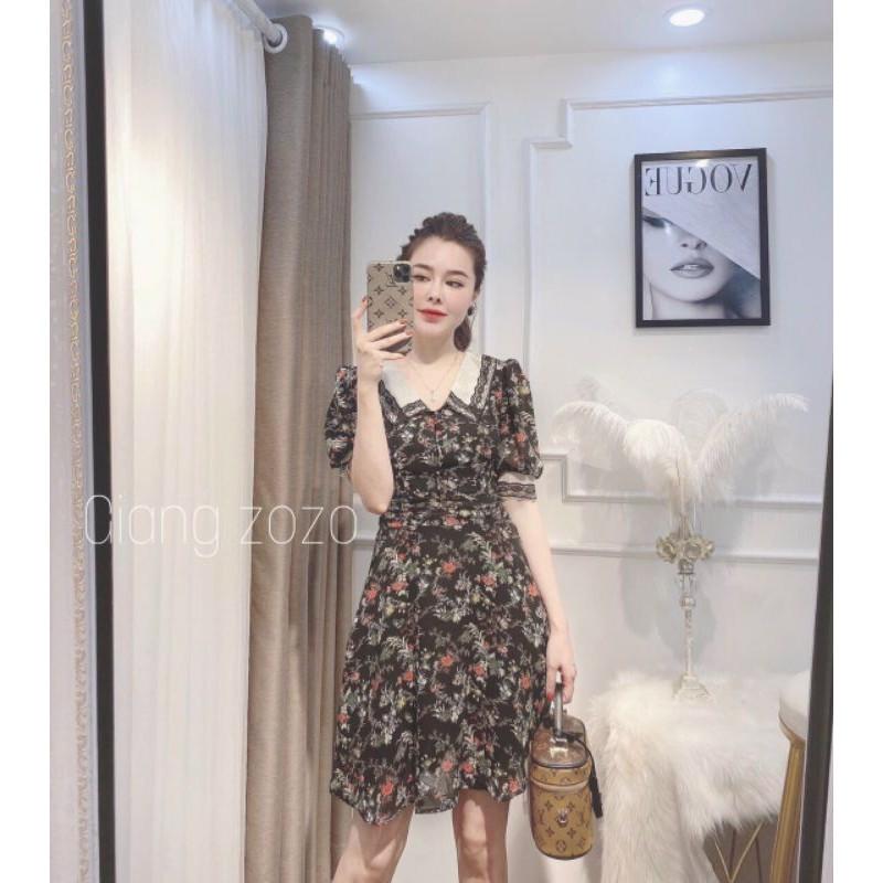 Đầm hoa nhí đen phối cổ sen trắng