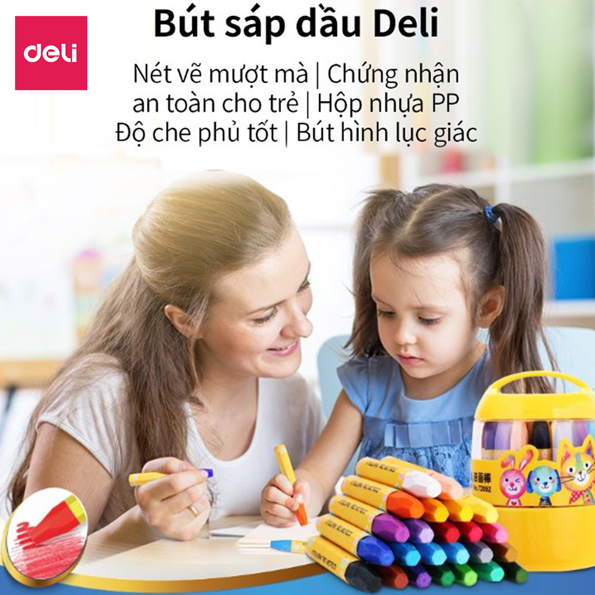 Bút màu sáp dầu học sinh hộp nhựa Deli - 12/18/24 màu - 72090/72091/72092