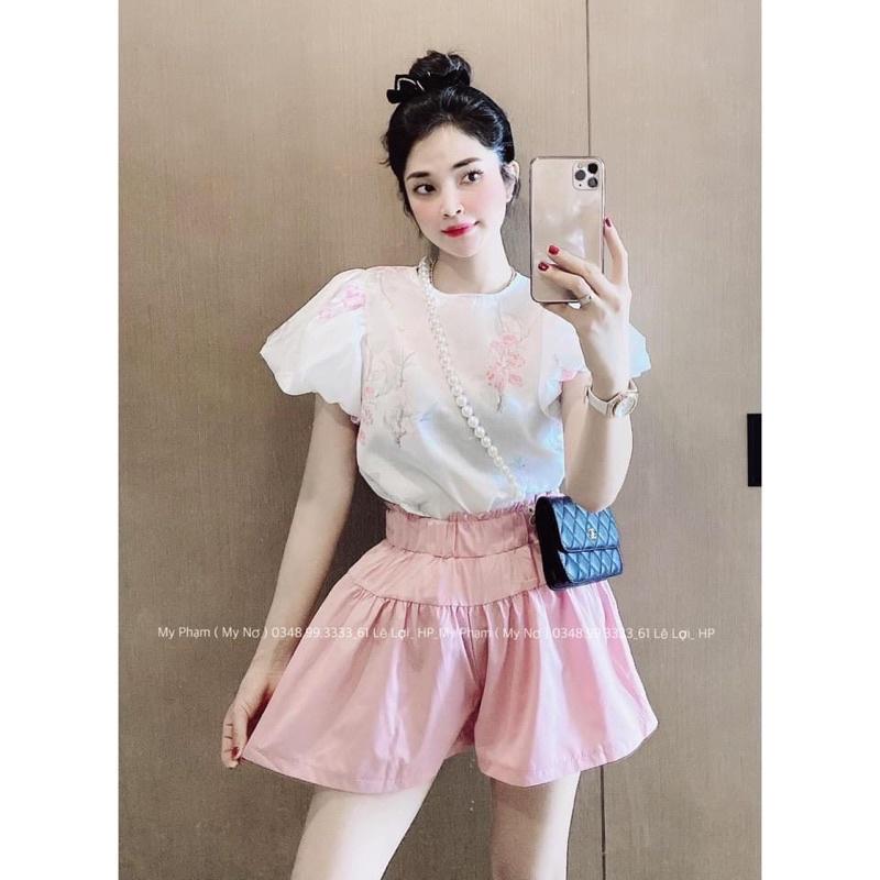 Set đồ bộ áo hoa tay bồng, quần đùi hồng tiểu thư