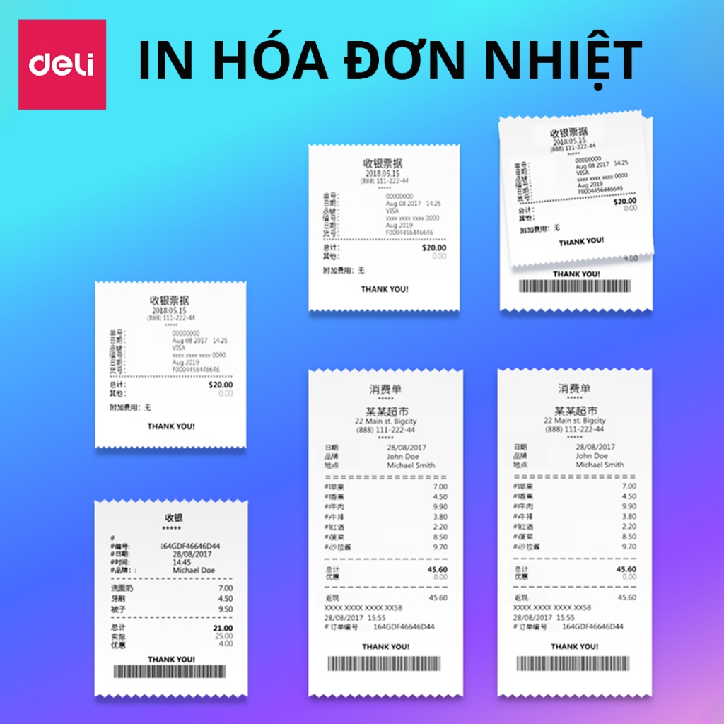 Máy In Hóa Đơn Nhiệt Deli Hàng Chính Hãng Size Giấy K57 - In Phiếu Bán Hàng, Bill, Hóa Đơn Thanh Toán Cho Quán Cà Phê Quán Ăn