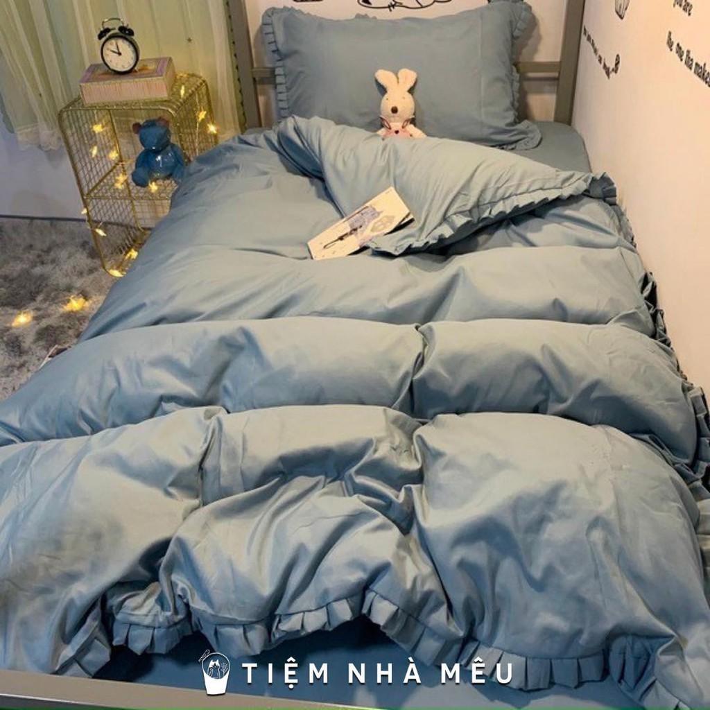 Bộ Chăn Ga Gốim6/m8/2m -Tiệm Nhà MêuSet 4 Món 2 Vỏ gối ,drap , vỏ chăn Cotton TC Viền Bèo Trơn Dễ Thương Cao Cấp