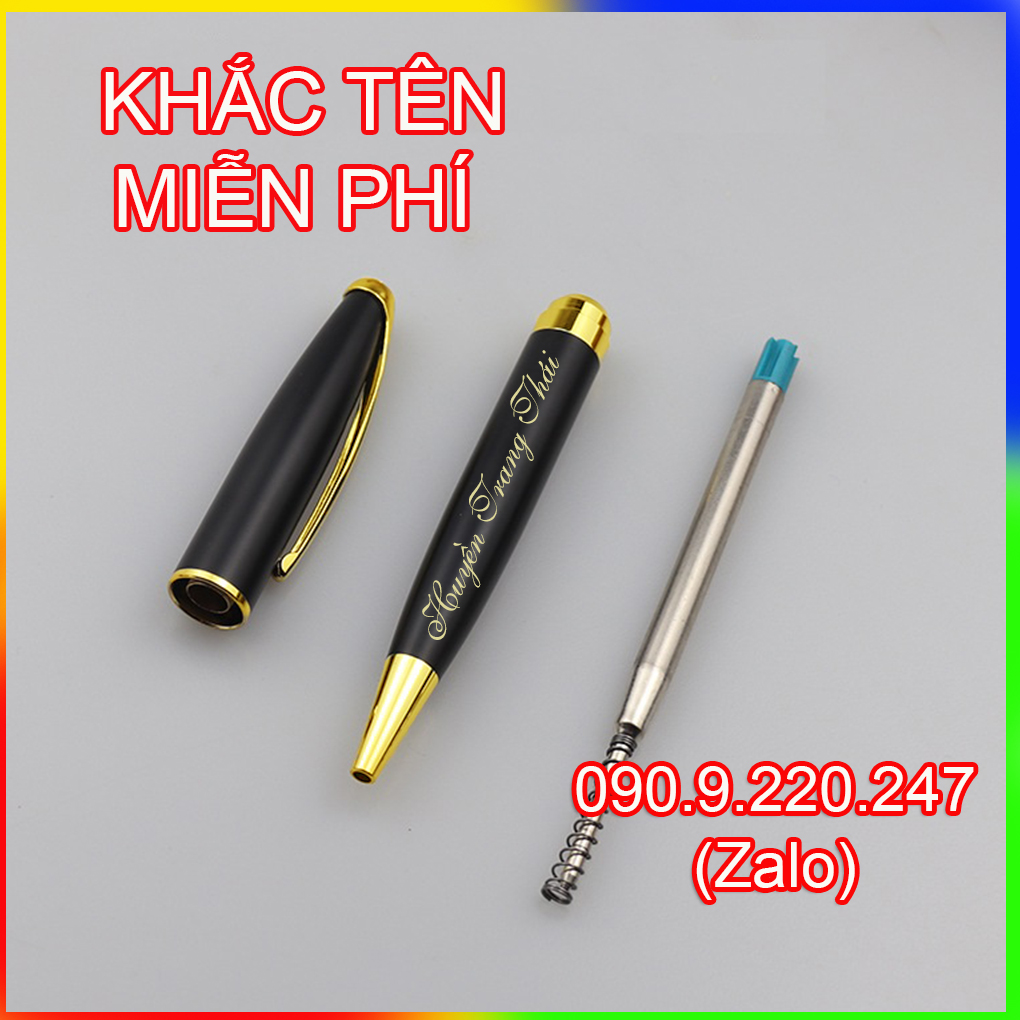 (Gift)Bút ký khắc tên cao cấp 003, đen nhám , dạng xoay mực bi và  rút nắp mực  dạ bi mượt đều ở mọi góc nghiêng