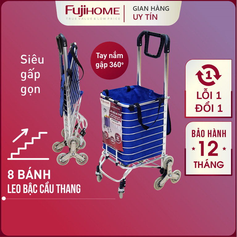 Xe kéo đi chợ leo cầu thang 8 bánh Nhật Bản Fujihome 60kg, xe đẩy hàng đi chợ gấp gọn có giỏ túi đa năng inox mini market trolley