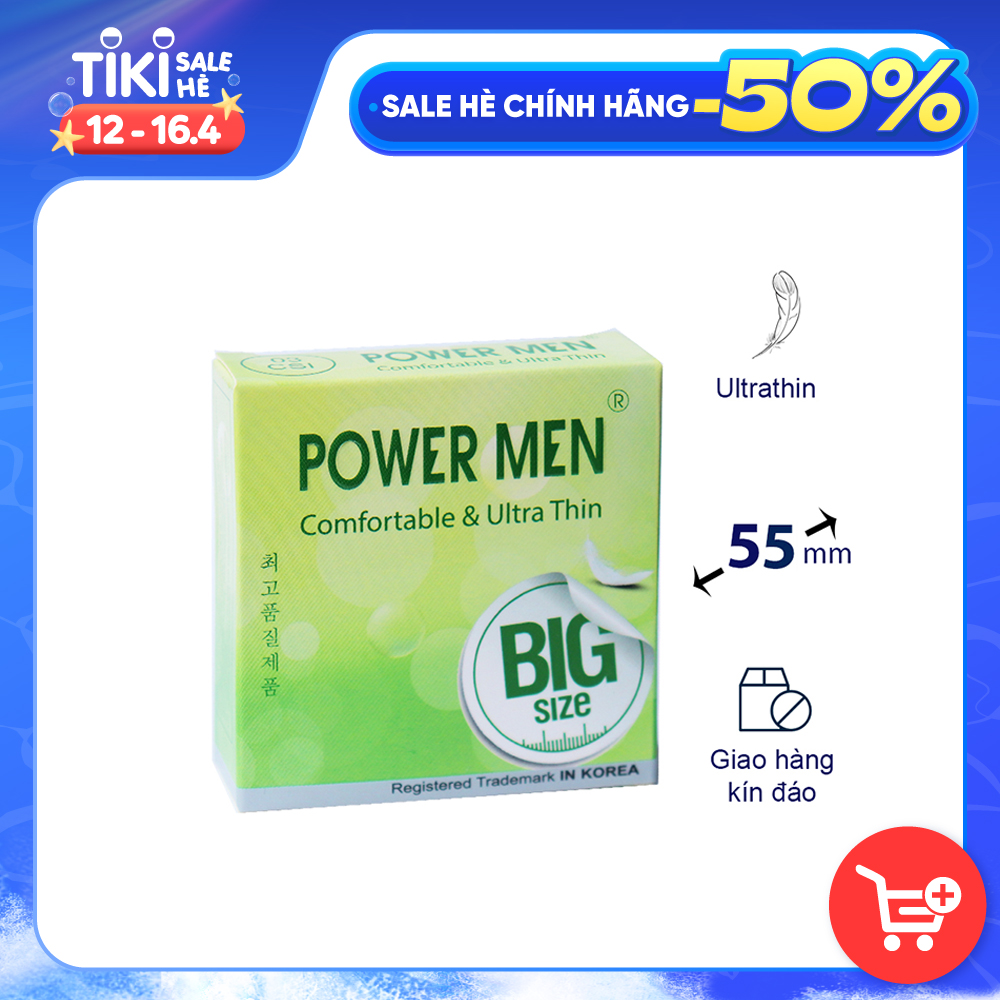 Bao cao su POWER MEN Hộp 12 bcs siêu mỏng, truyền nhiệt, size lớn 55mm