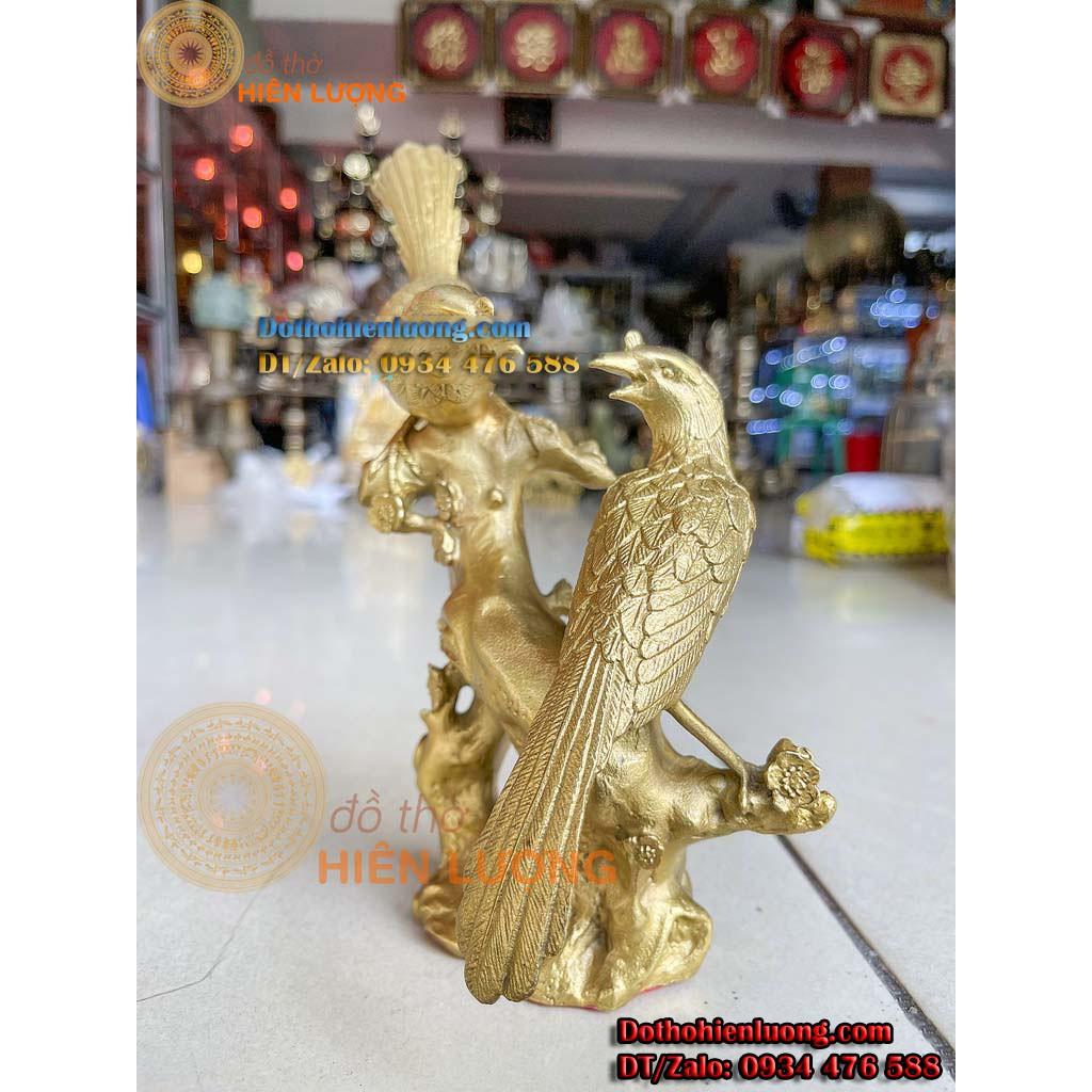 Tượng Đôi Chim Uyên Ương Màu Vàng Đậu Cành Cây Bằng Đồng - Song Hỷ Lâm Môn