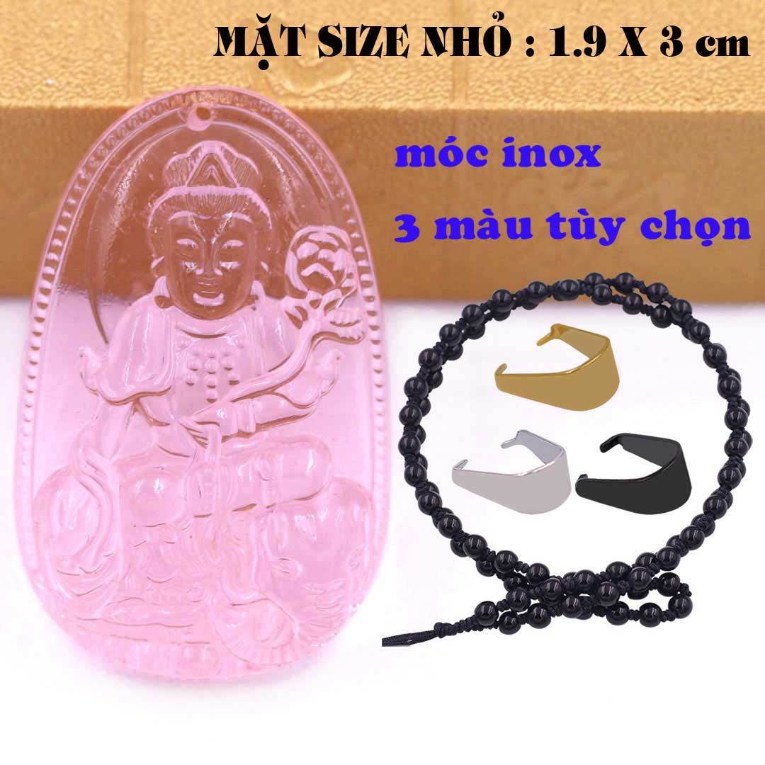 Mặt Phật Phổ hiền pha lê hồng 1.9cm x 3cm kèm vòng cổ hạt chuỗi đá đen + móc inox vàng, Phật bản mệnh, mặt dây chuyền