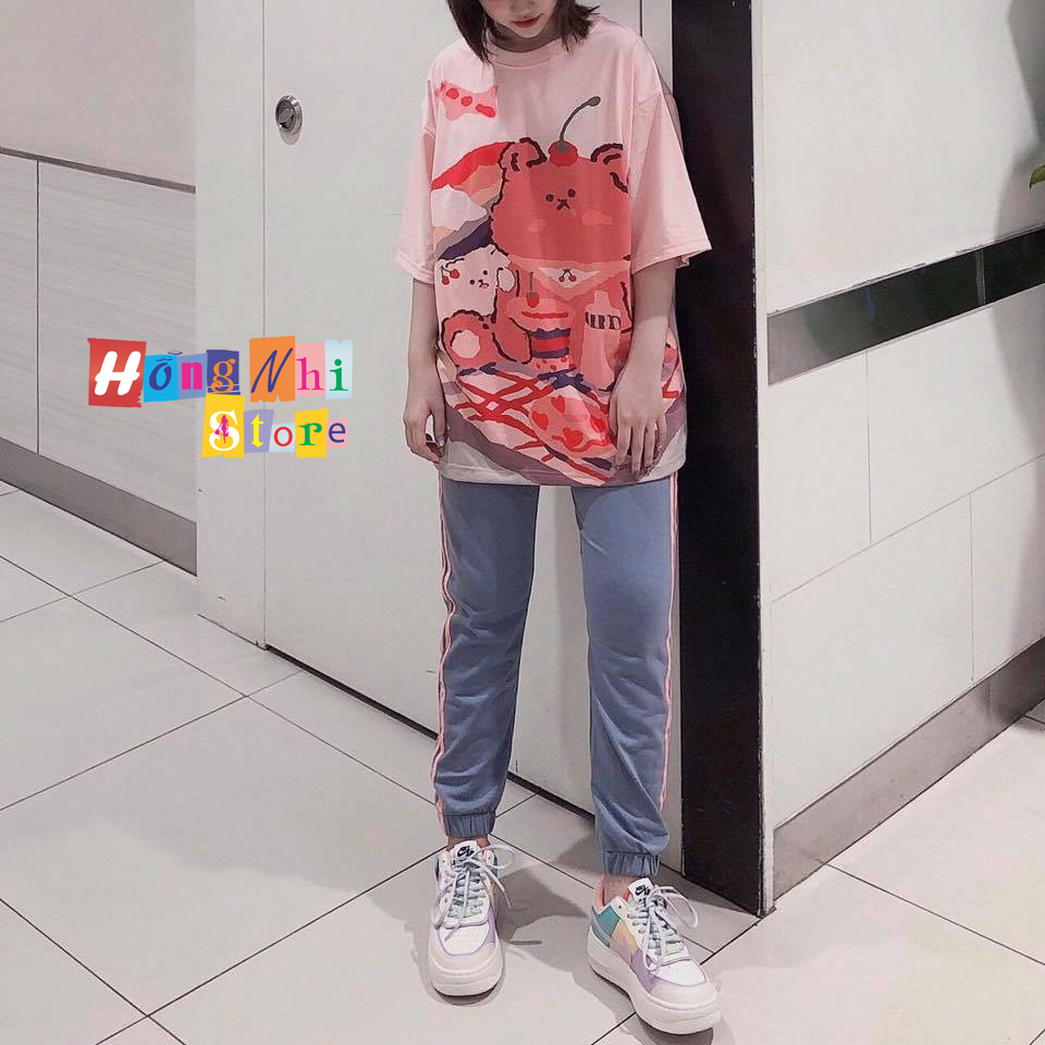Quần Jogger Line Unisex Lưng Thun 2 Sọc Bo Lai Dáng Rộng Màu Xám Sọc Hồng - MM