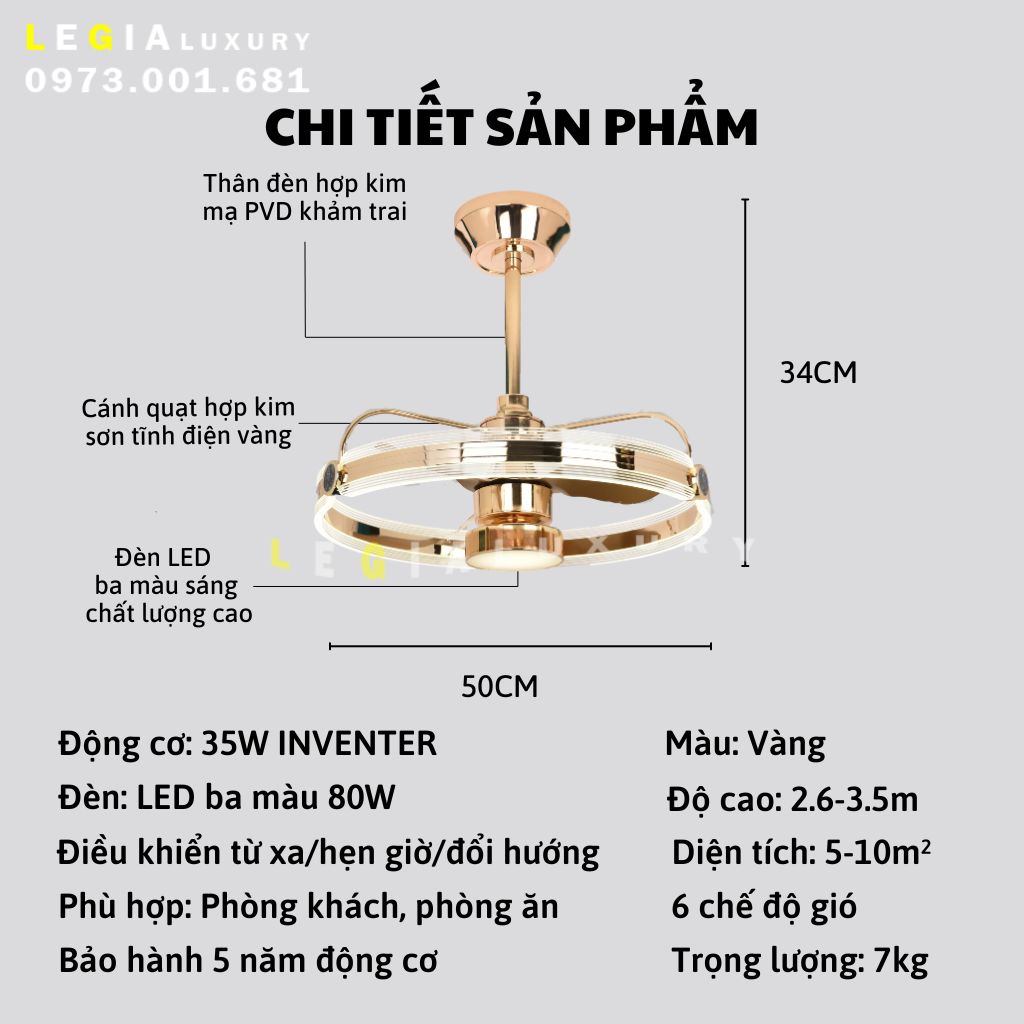 Quạt trần cao cấp LÊ GIA VENUS002 | Quạt trần pha lê luxury trang trí phòng khách | Quạt trần hiện đại có đèn cho spa biệt thự | Quạt trần đèn LED thiết kế sang trọng cao cấp { Hàng Chính Hãng }