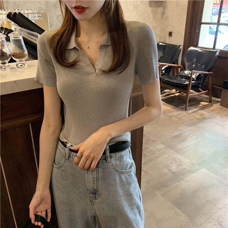 Áo Croptop   Áo Polo Croptop Len Tăm Dệt Kim Cao Cấp Quảng Châu Tay Ngắn Có Cổ