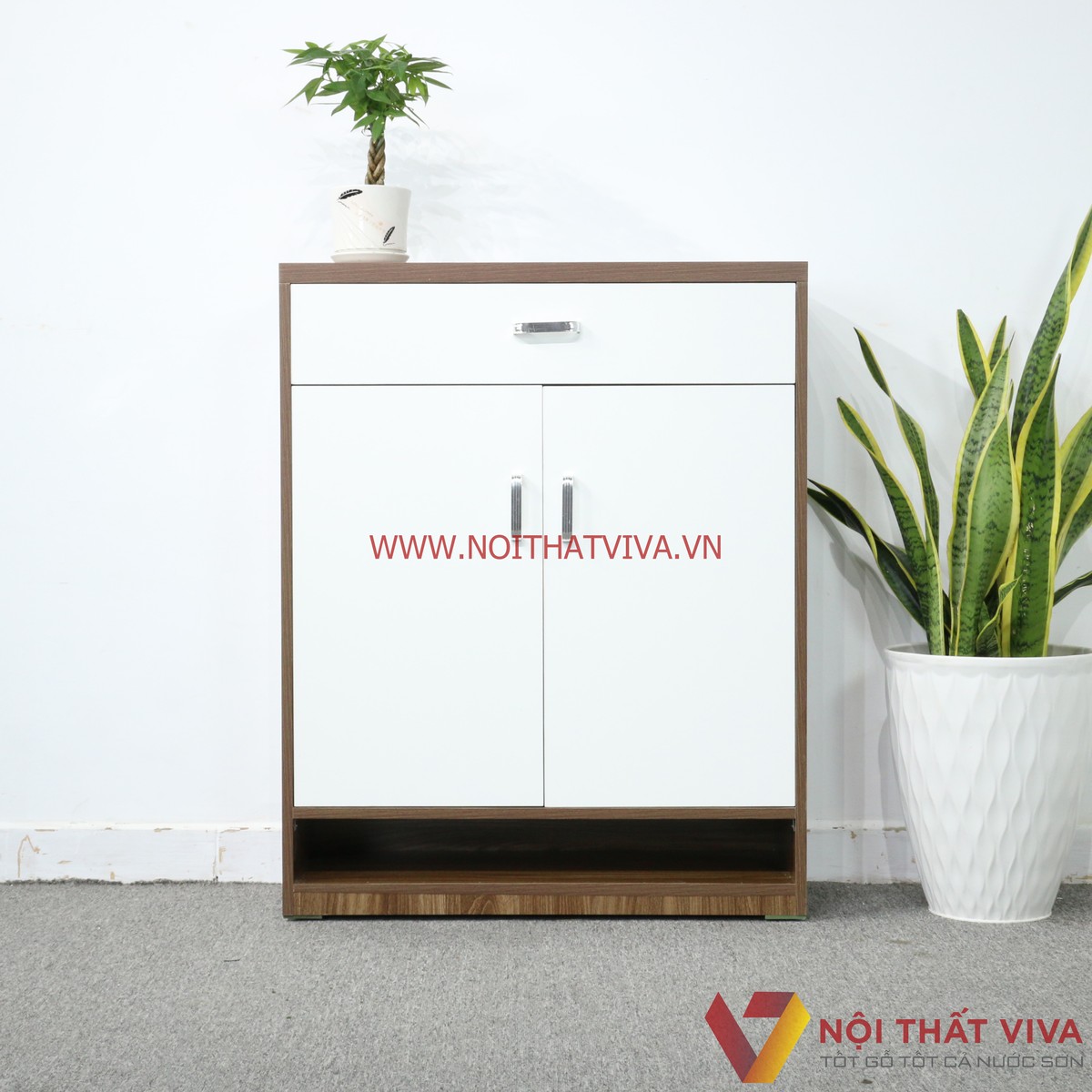 Tủ Giày Dép Gỗ MDF Melamine Màu Óc Chó Phối Trắng Đẹp Hiện Đại