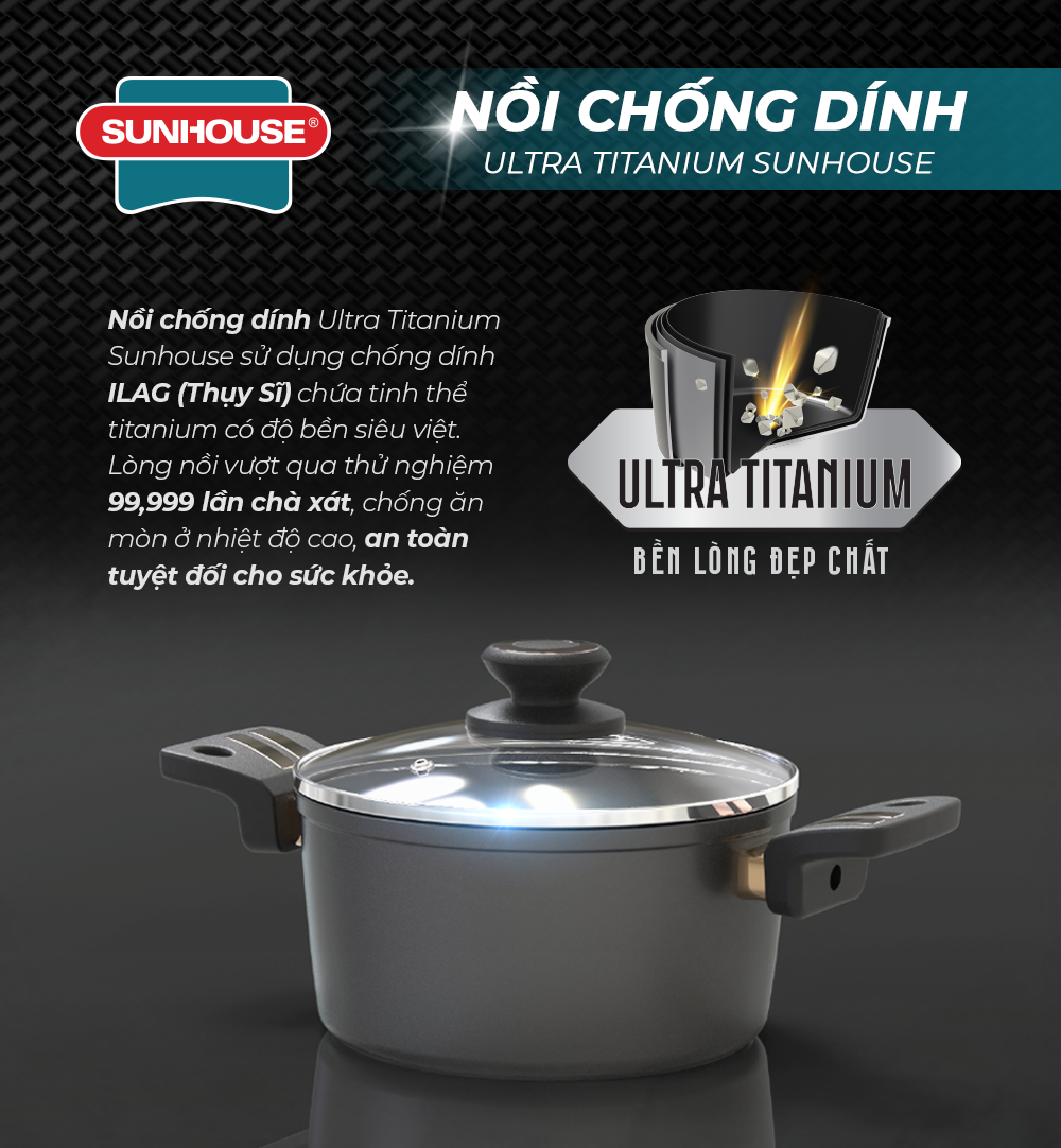 NỒI CHỐNG DÍNH ULTRA TITANIUM SUNHOUSE 18-20-24CM