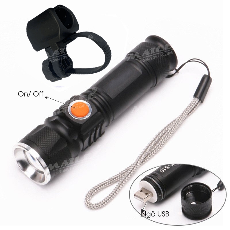 Đèn xe đạp JY-515 cho xe đạp độ sáng 600 lumens có zoom chất liệu nhôm (đã gồm kẹp đèn pin) bóng LED T6 10w - Mai Lee