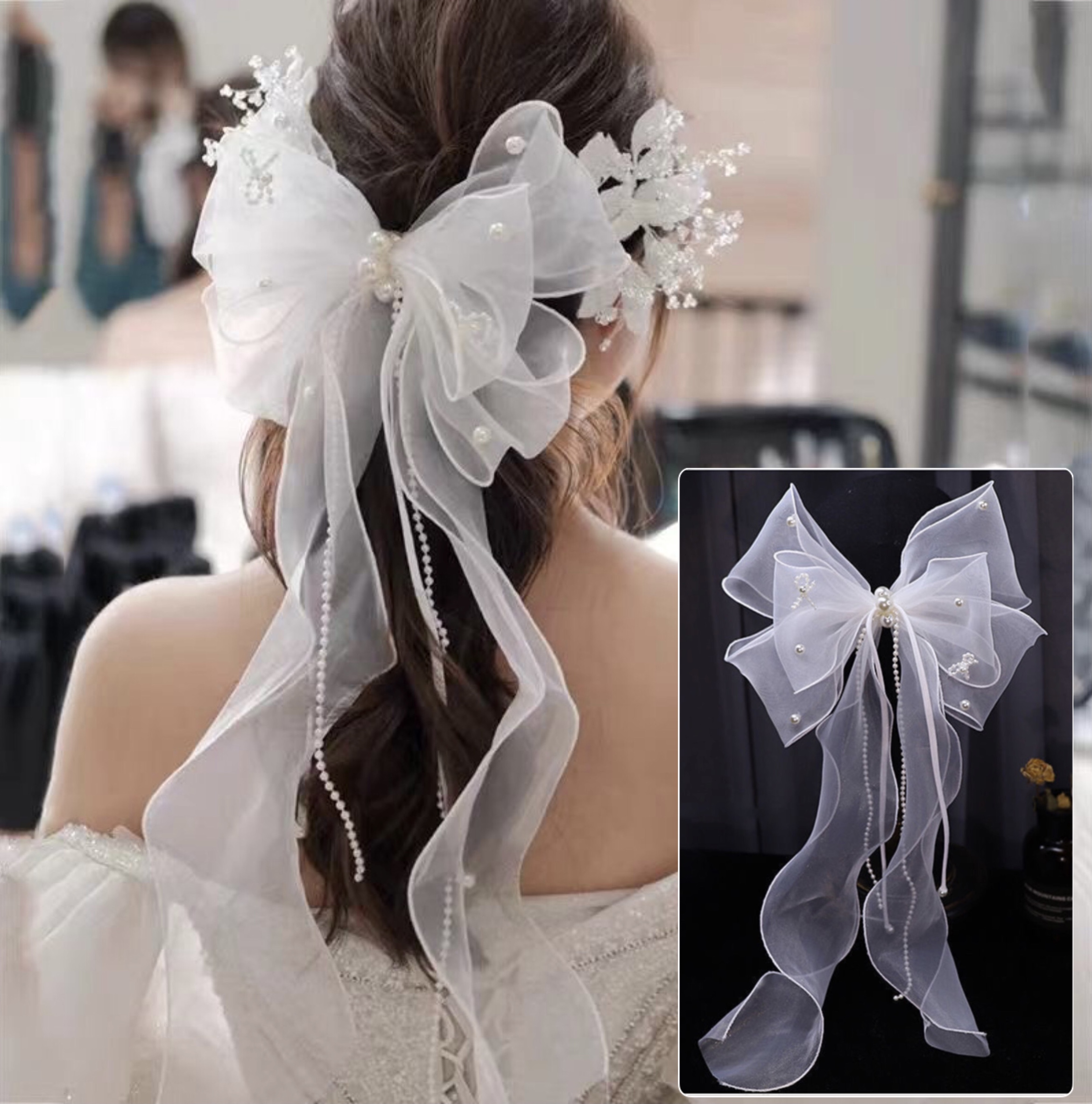 Kẹp Tóc Nơ Duy Băng Trắng Đính Ngọc Phong Cách Thời Trang Hàn Quốc