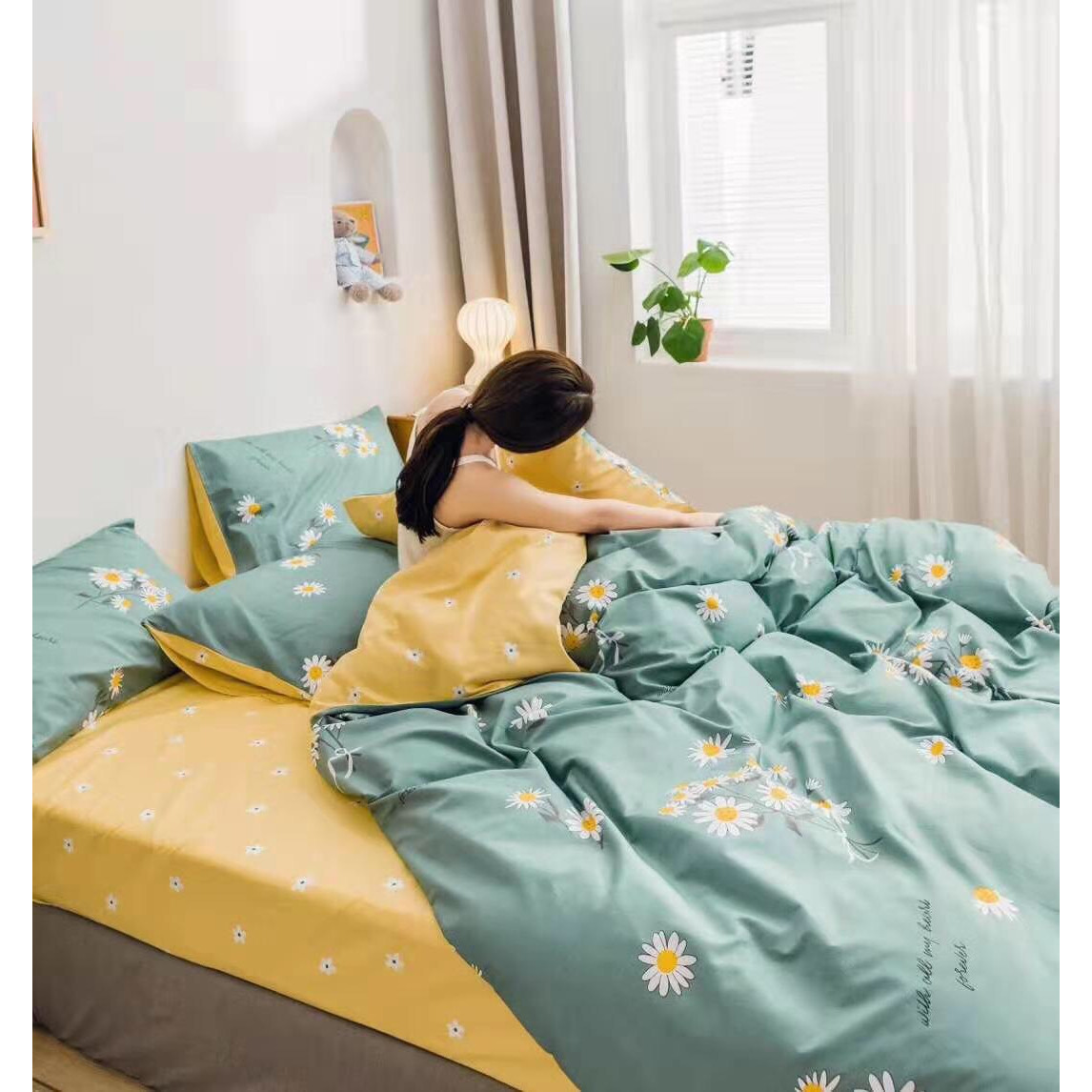 Bộ Chăn Ga Gối Cottong 100% ( Cottong Living) - Cúc Họa Mi Nền Xanh