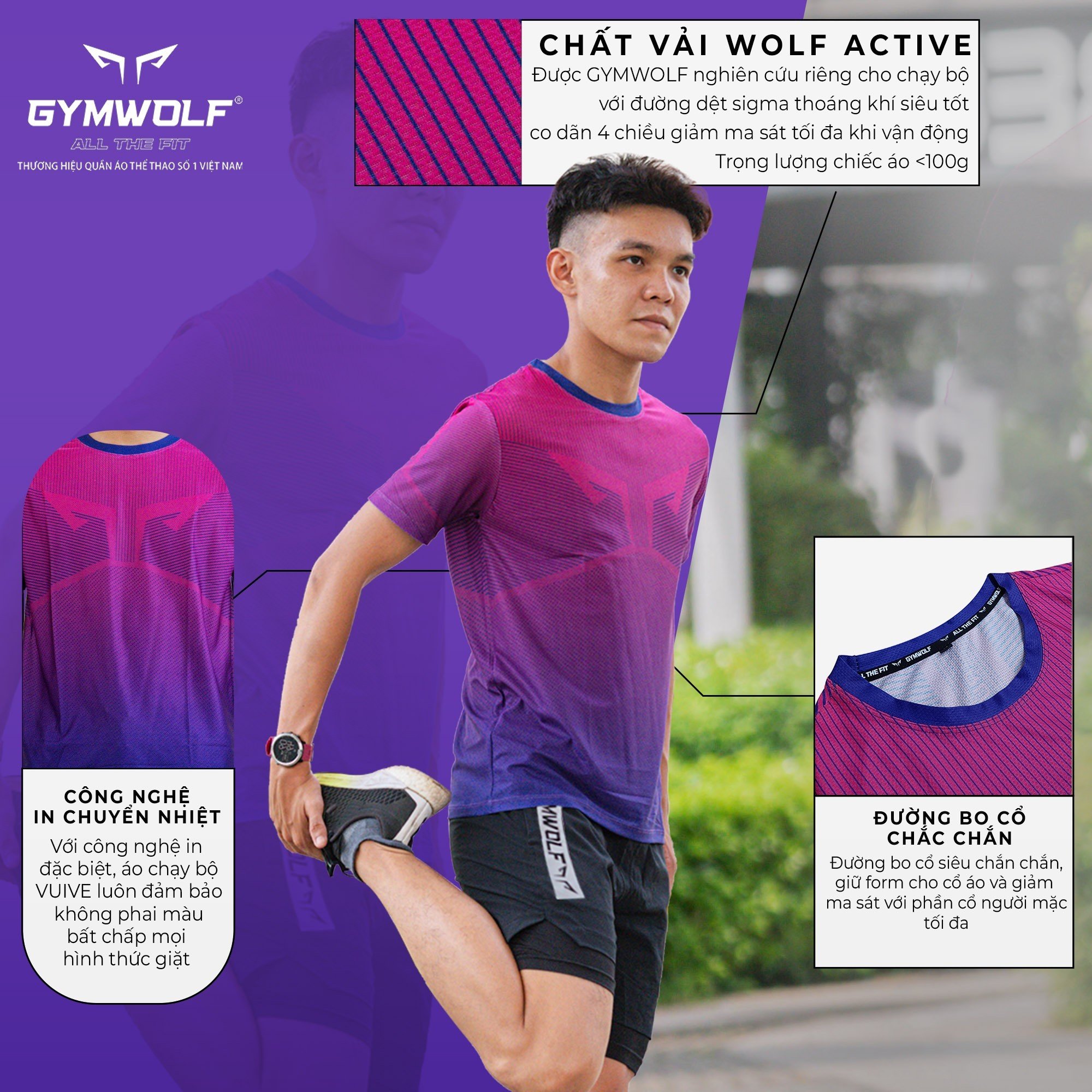 Áo Chạy Bộ GYMWOLF, Áo Chạy Bộ Nam, Nữ Chất Vải Wolf Active Nhẹ, Co Giãn 4 Chiều,Thoái Mái Khi Vận Động