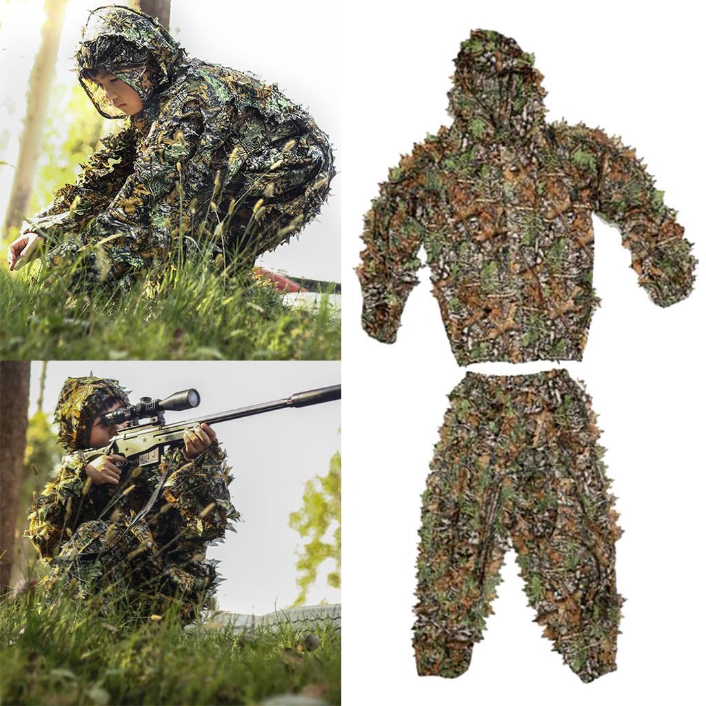 2x Breathable Leafy Camo Hooded Stretchy Ghillie Suits Clothes Jacket Pants Lightweight for Child Unisex Outdoor Hunting Shooting Wildlife Photography