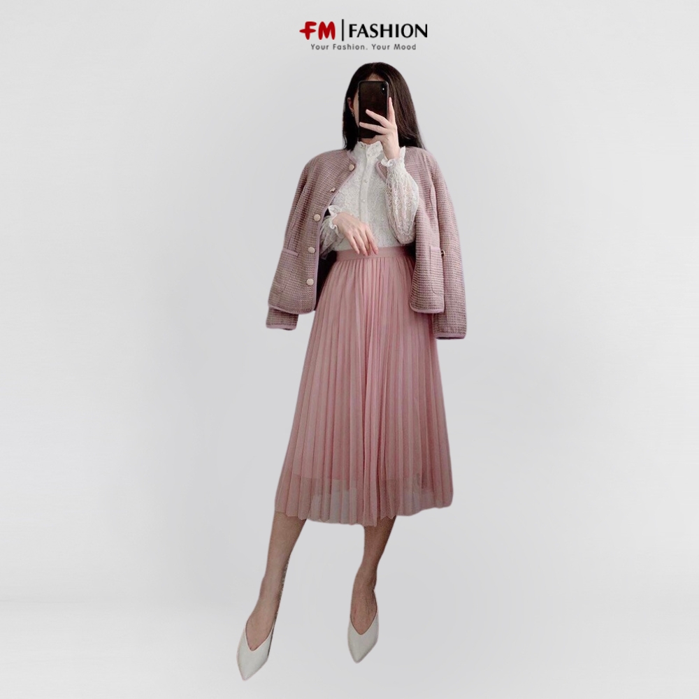 Chân váy xếp ly Fm Style lưng thun dáng dài phối lưới ngoài thời trang điệu đà phong cách tiểu thư 22121593