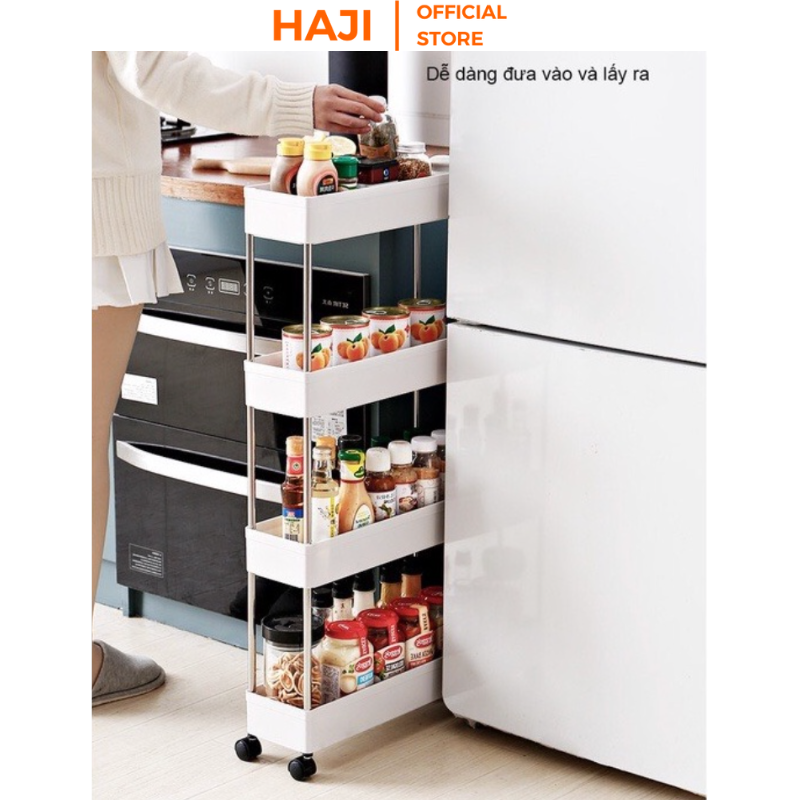 Kệ đựng đồ 4 tầng đa năng có bánh xe di chuyển dùng sắp xếp đồ vật gọn gàng HAJI NA17