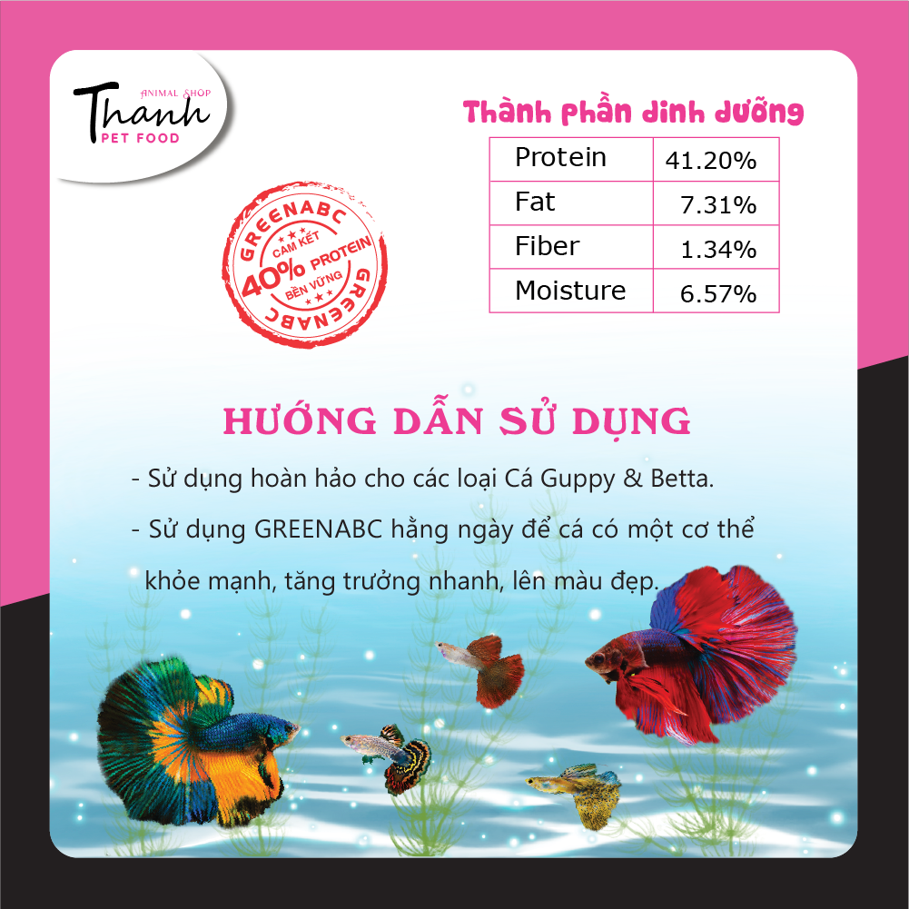 Thức ăn Cá 7 Màu nhãn hiệu GREENABC – Guppy và Betta – Độ đạm 40% giúp tăng trưởng nhanh, lên màu đẹp, đề kháng tốt – Hộp 50g