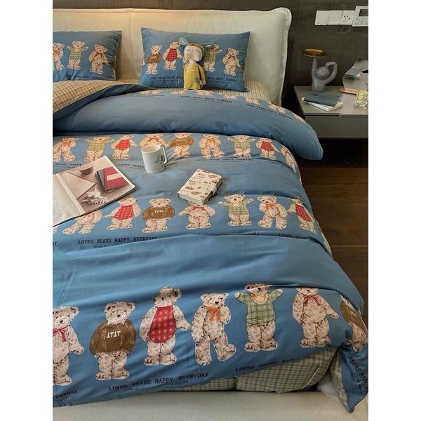 Bộ Chăn Ga Gối Cotton Living 100%cotton Hàng Nhập Khẩu Cao Cấp 4 Món Gấu Teddy
