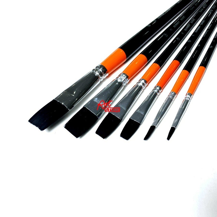 Bộ Cọ Vẽ Màu Acrylic Đầu Dẹp Lông Đen Cán Cam Đen Sunway Basic B202 6pcs