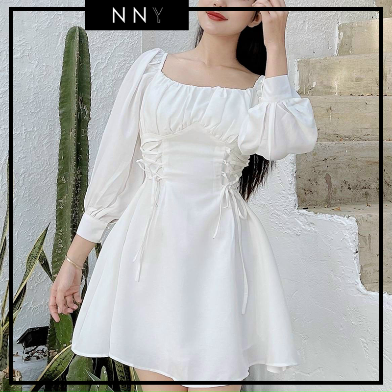 [NNY CLOTHING] Váy xòe nhún ngực tay dài đan dây cực tôn eo - GOM DRESS - V079