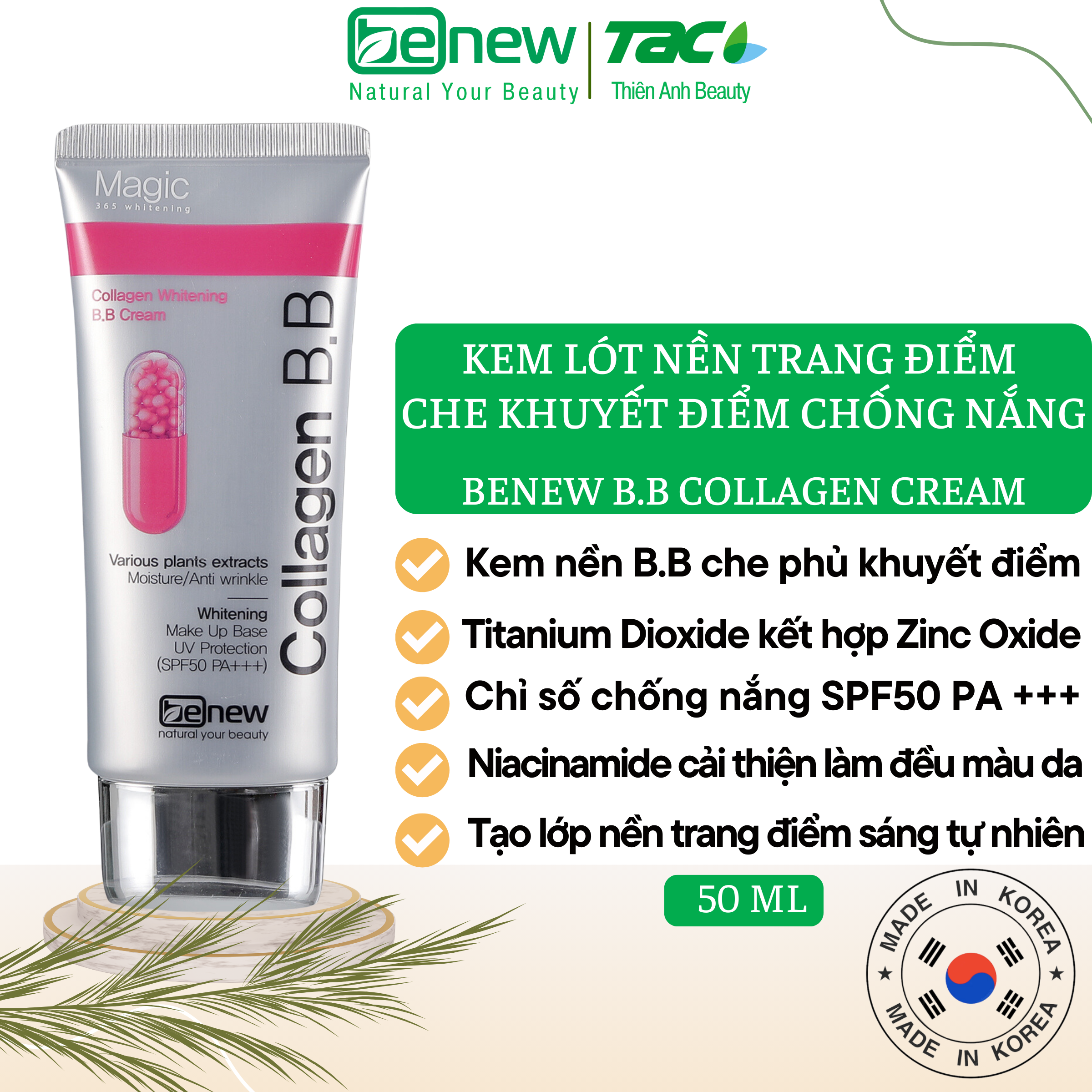 BENEW Kem lót nền trang điểm che khuyết điểm - Benew B.B Collagen Whitening 50ml