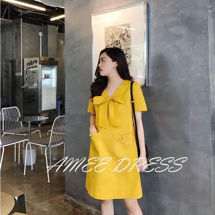Váy bầu công sở dáng xuông nơ cổ xinh sắn