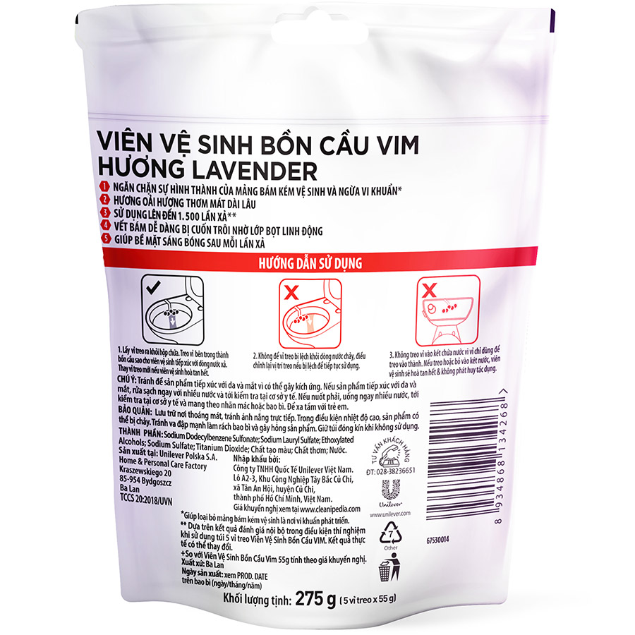 Combo 5 Bộ Viên tẩy bồn cầu Vim Power 5 Hương Lavender 275G (5x55G)