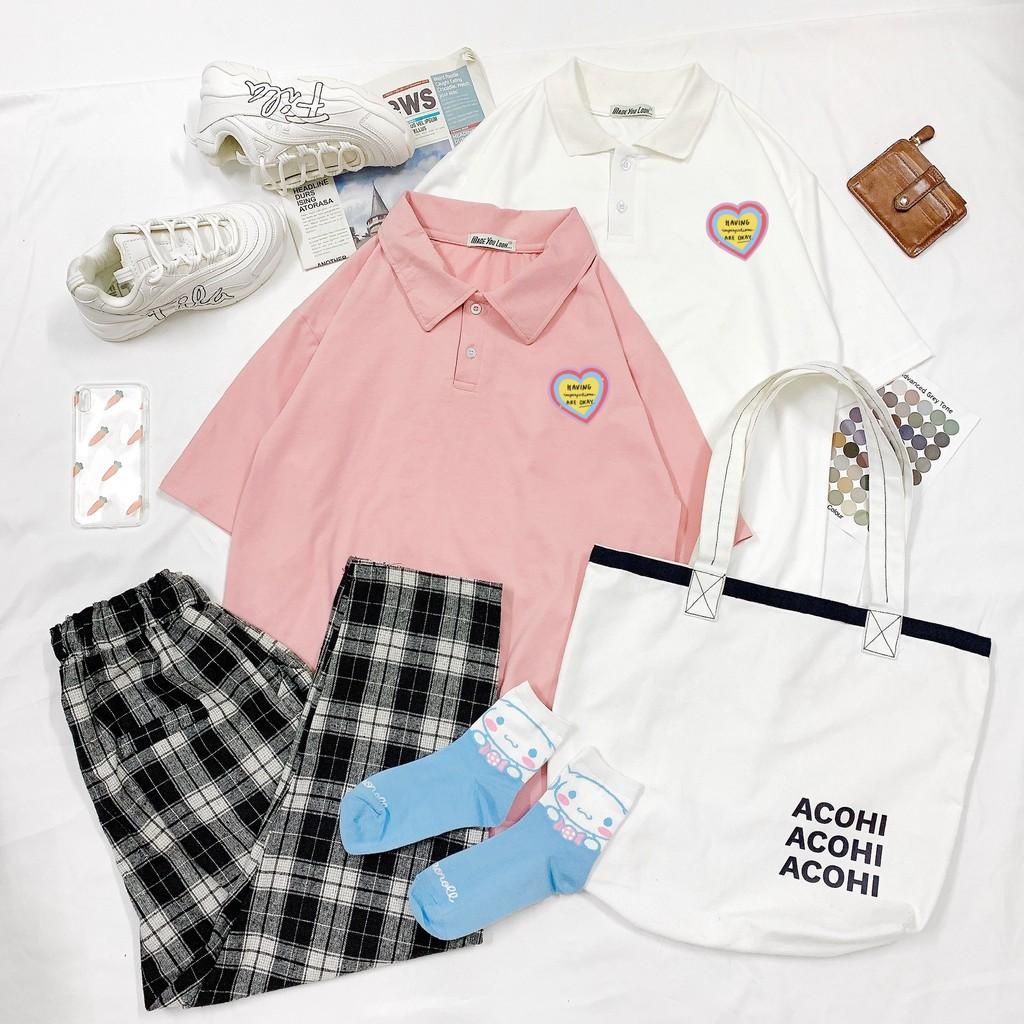 Polo áo thun có cổ tay lỡ in TRÁI TIM HAVING form rộng ulzzang couple nam nữ UNISEX