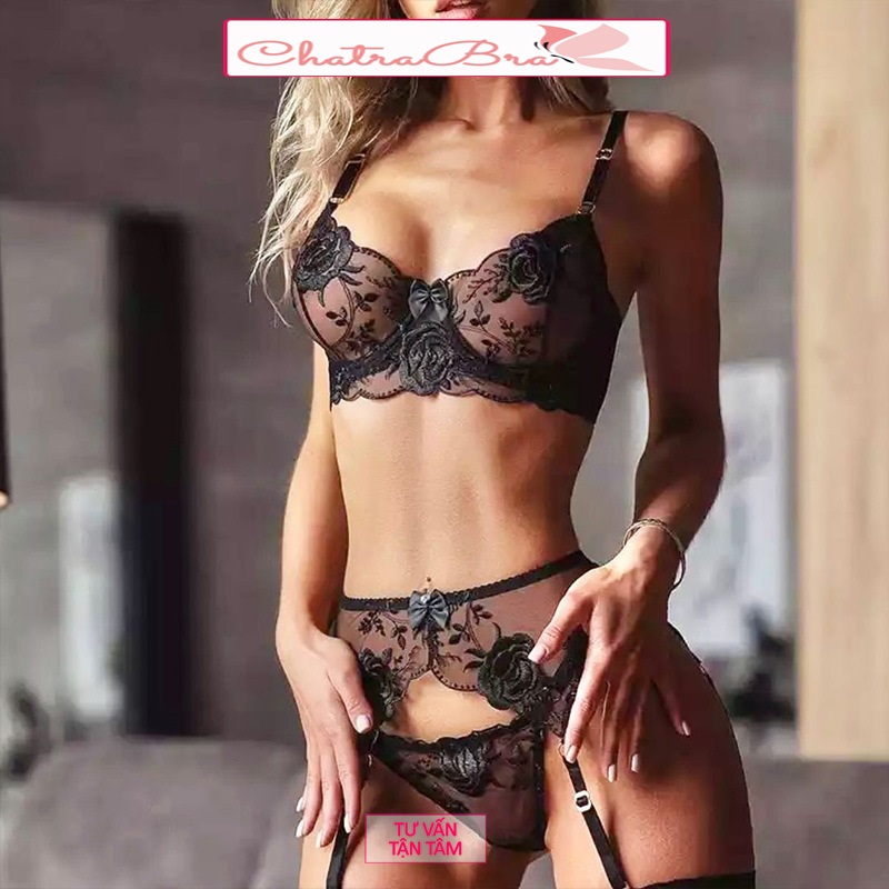 Set bộ đồ lót lingerie lọt khe voan hoa xuyên thấu cao cấp 