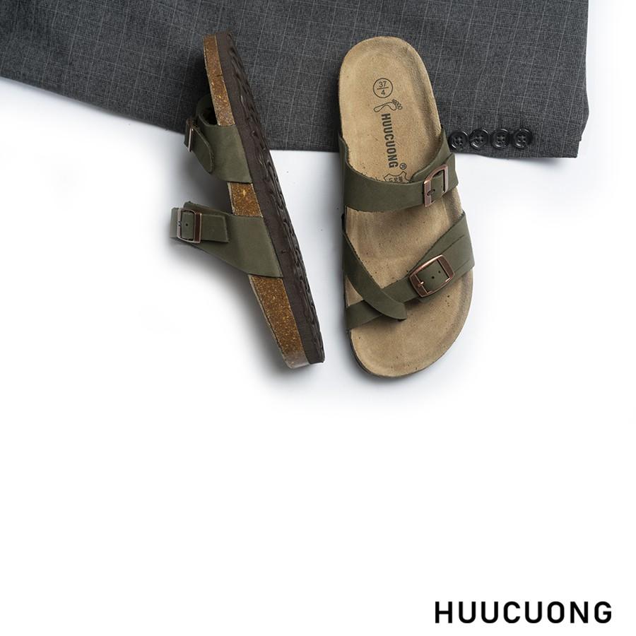 Dép unisex Huucuong xỏ ngón da bò rêu đế trấu handmade