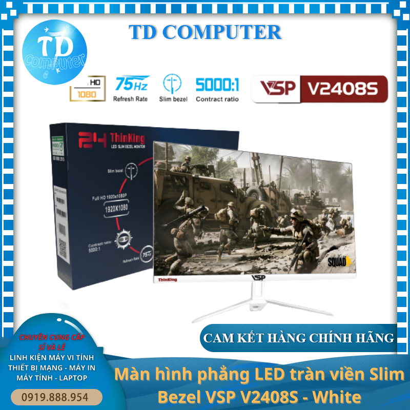 Màn hình Phẳng Tràn viền Gaming 24inch VSP V2408S [TRẮNG] (23.8&quot; IPS FHD 75Hz, HDMI+VGA)  - Hàng chính hãng TECH VISION phân phối