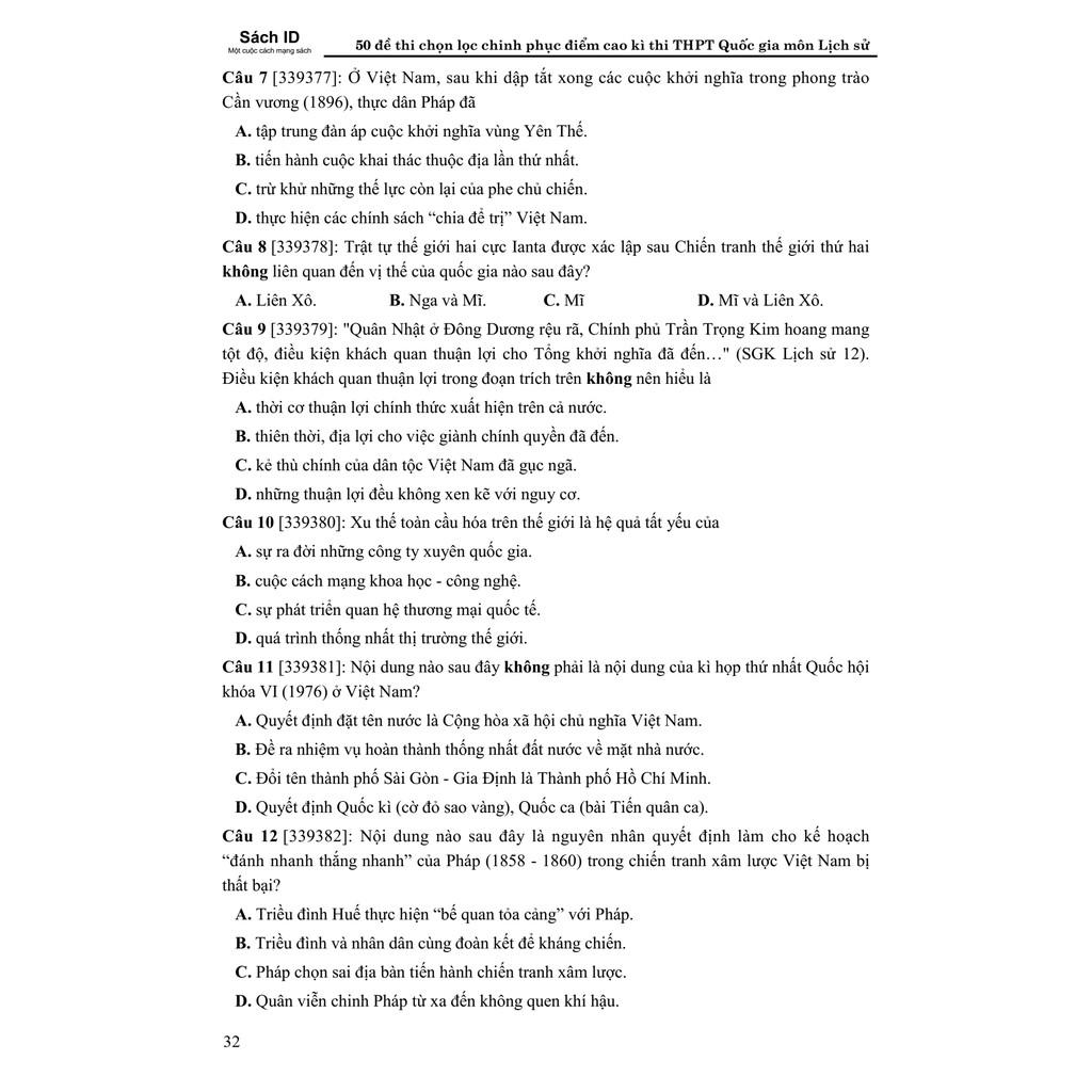 Sách ID luyện đề Sử: 50 Đề thi chọn lọc chinh phục điểm cao kì thi THPT QG 2021 môn Lịch sử