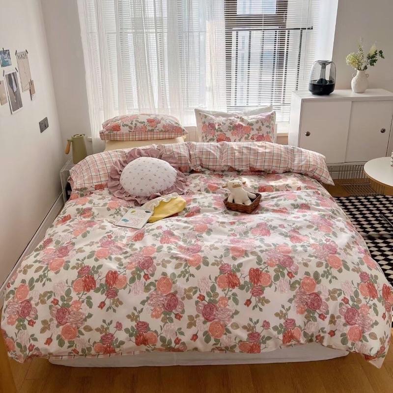 Set Cotton Living 100%cotton Hàng Nhập Khẩu Cao Cấp 4 Món Hoa Hồng Xanh Vintage