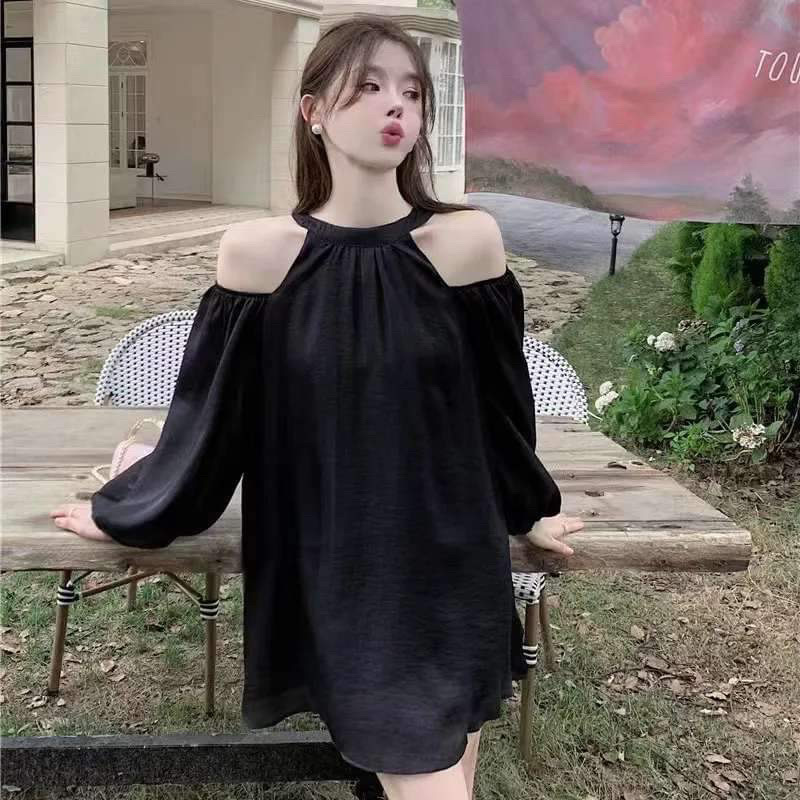 Váy Trắng Chữ A Tơ Trễ Vai Dài Tay Suông Phong Cách Điệu Đà Siêu Đáng Yêu