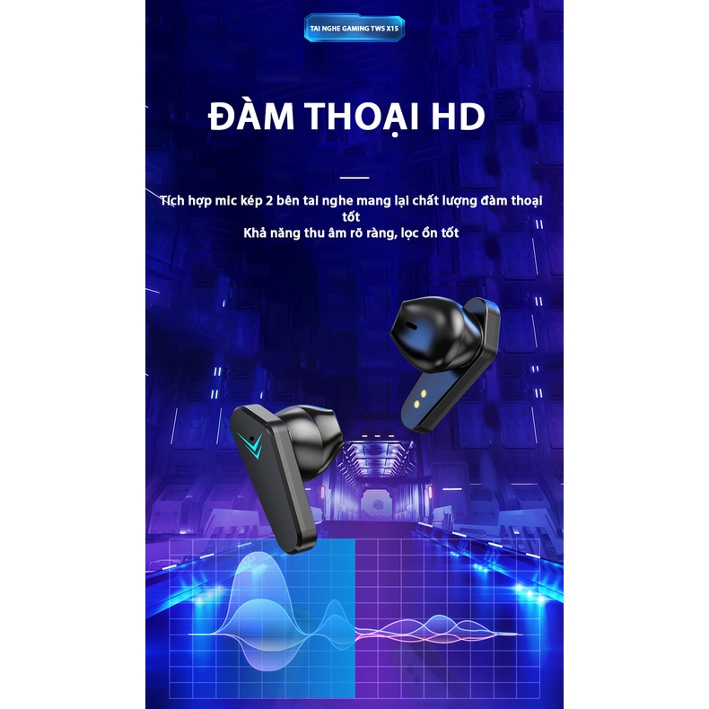 Tai nghe không dây gaming X15 TWS - Chống Thấm Nước IPX5 - Bluetooth 5.0 - Cảm biến chạm - Độ trễ thấp - Hàng chính hãng