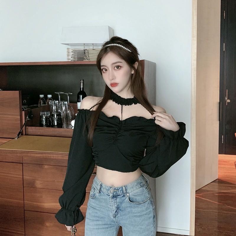 Áo sơmi croptop mix choker cá tính mẫu 2021