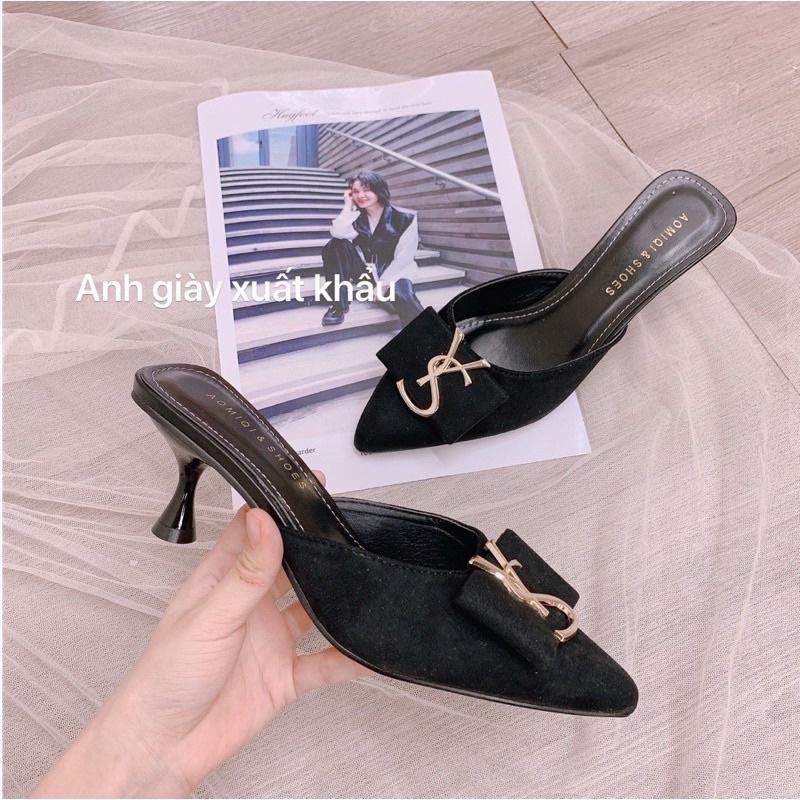 DL50 - Dép sục gót nhọn 5p da lộn mũi nhọn nơ ngang