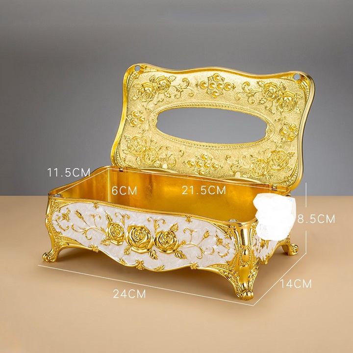 Bộ 4 món Hộp đựng giấy, Hộp đựng chè, Lọ tăm, Gạt tàn hợp kim hoạ tiết tân cổ điển