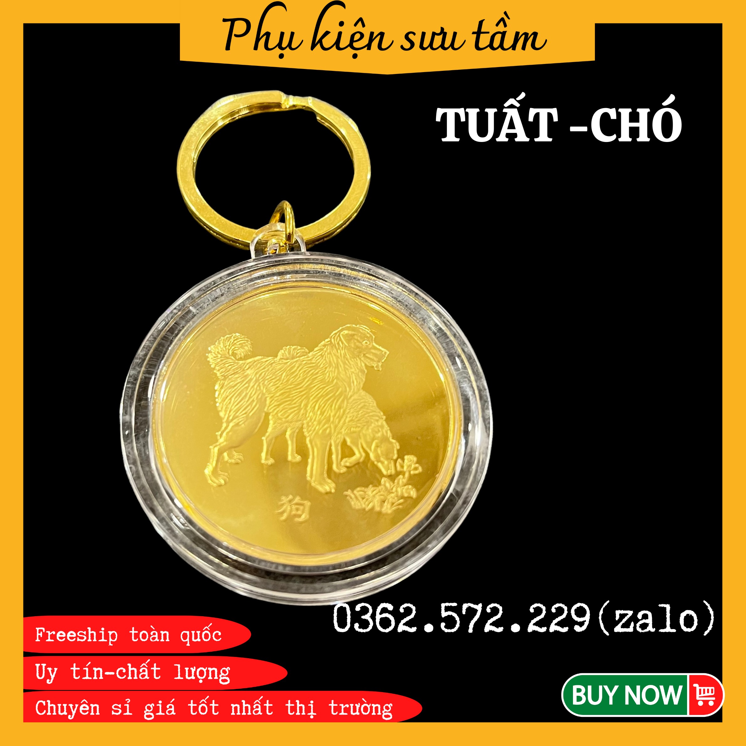 Móc Khóa Đồng Xu 12 Con Giáp Khắc Hình Con Giáp TUẤT-CHÓ  Phong Thủy May Mắn độc đáo, Chất Liệu Niken Mạ Vàng Sáng Bóng