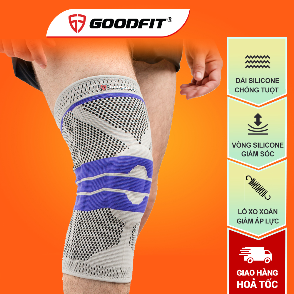 Bó Gối Thể Thao, Băng Đầu Gối Đệm Silicone, Co Giãn 4 Chiều, Thanh Trợ Lực Lò Xo Goodfit Gf513K - L