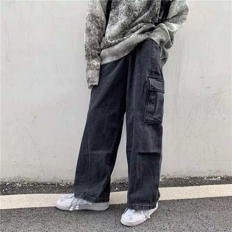 Quần kaki túi hộp Hiphop ống rộng xuông dài cargo pants trơn thời trang cho nữ/nam -hình thật