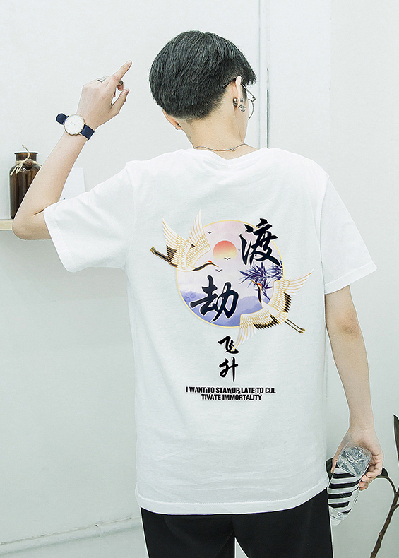 Áo thun Unisex in hình cổ trang chim hạc lá trúc