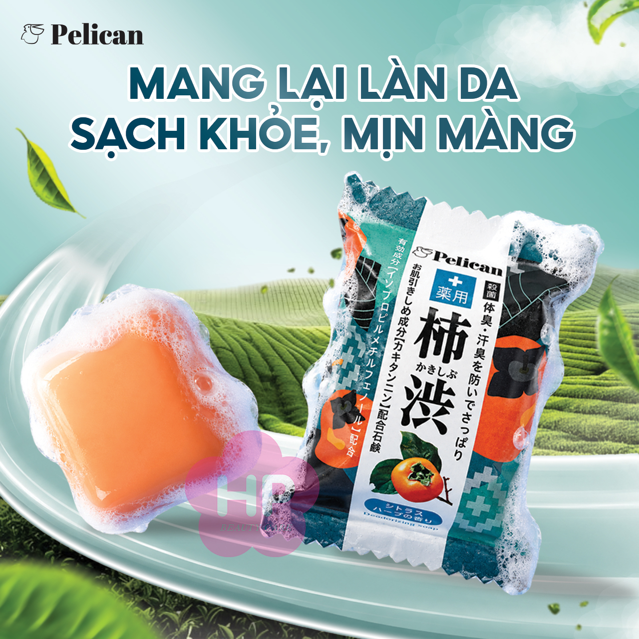 Xà Phòng Tắm Giảm Mùi Cơ Thể Chiết Xuất Quả Hồng Và Lá Trà Xanh Pelican Deodorizing Soap 80G