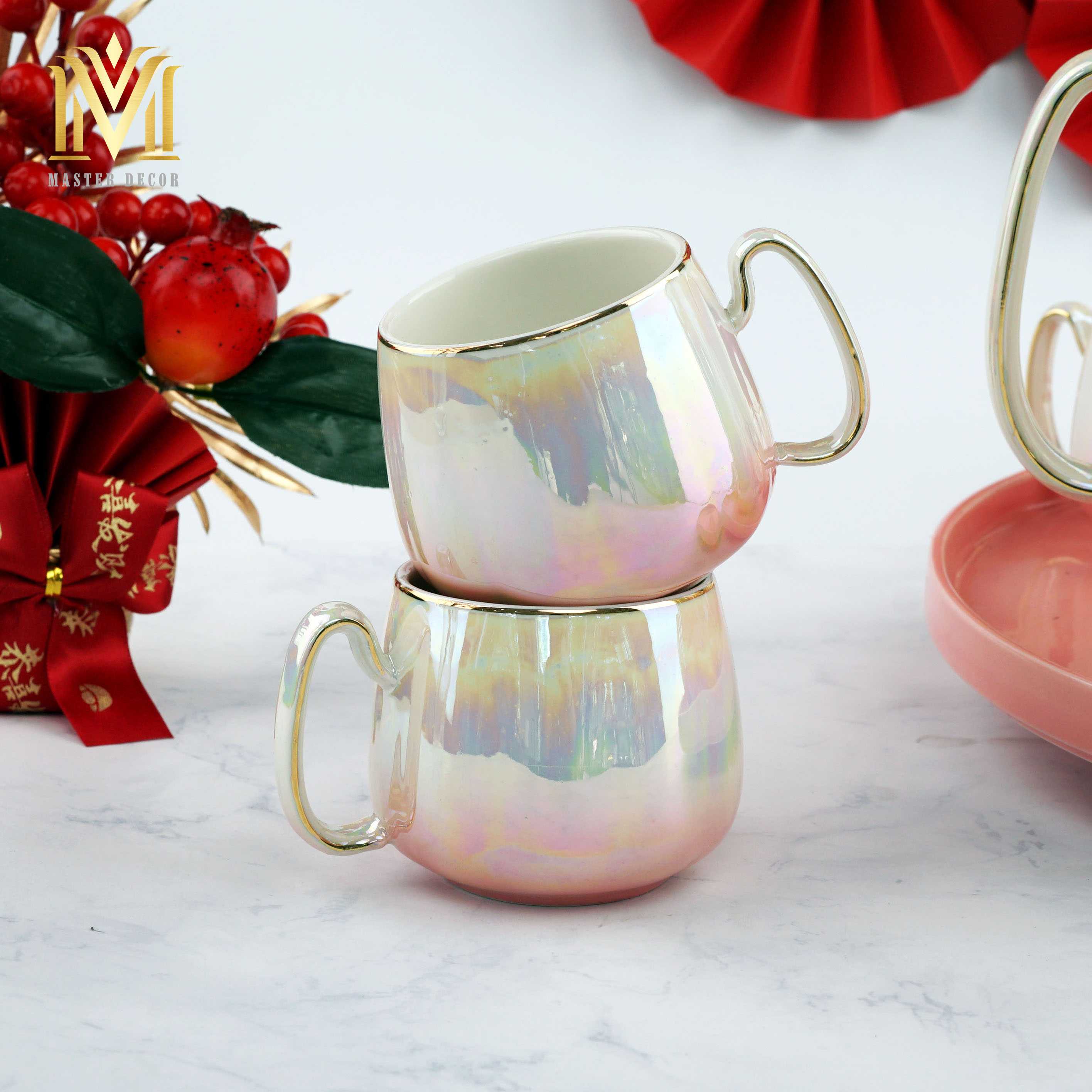 ẤM TÁCH SỨ ATS06TH MEN SỨ DÀY DẶN VIỀN HỒNG RUBY SANG TRỌNG