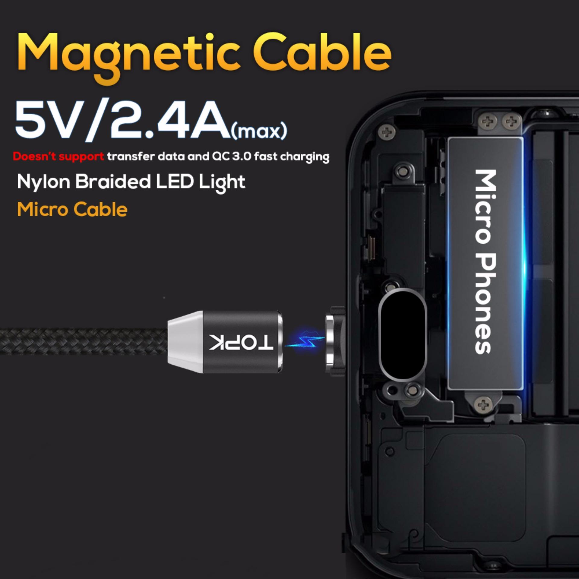 Cáp sạc nam châm TOPK AM23 3 trong 1 có đèn LED chất liệu dây bện nylon dành cho iPhone Xiaomi Samsung OPPO kích thước - Hàng chính hãng
