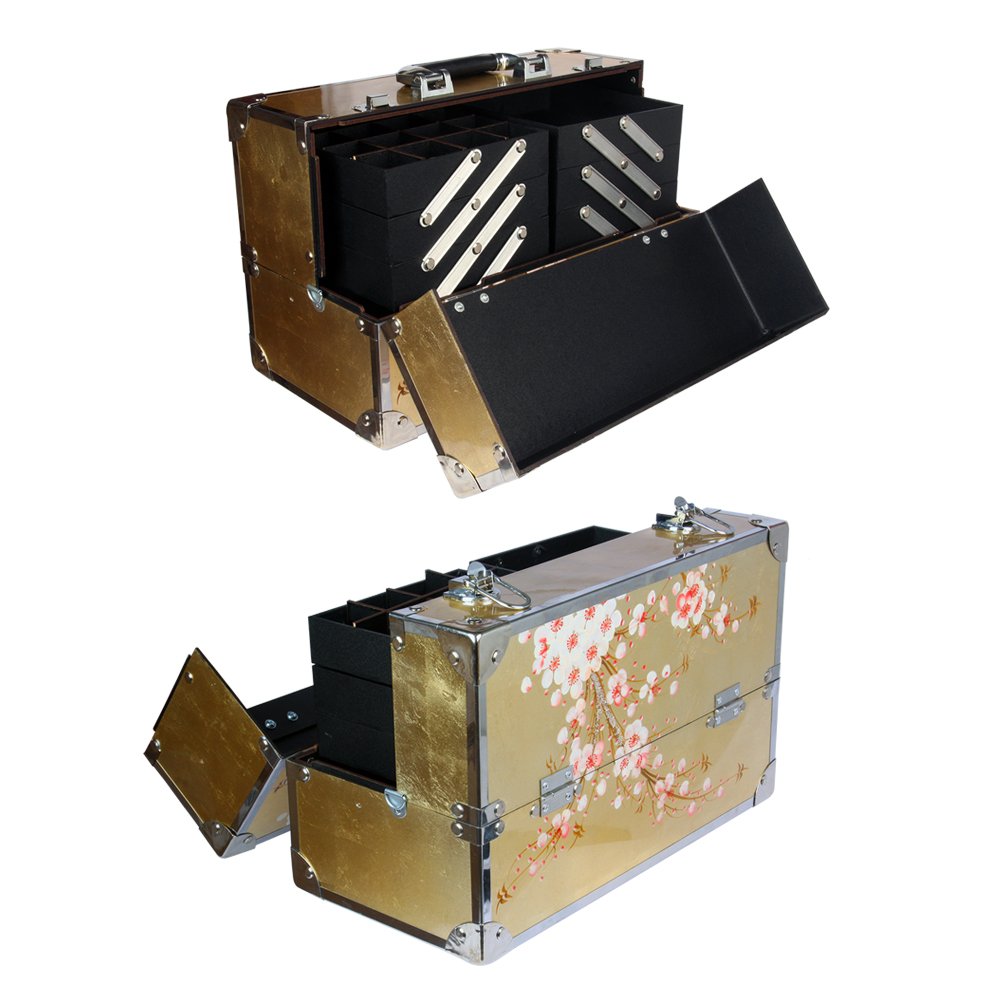 Cốp sơn mài cao cấp Hana đựng mỹ phẩm, đồ phun xăm, nail, nối mi sơn mài dát vàng cẩn vỏ trứng, họa tiết vẽ tay cao cấp, viền khung nhôm chắc chắn, bọc góc inox size 40x20x26 cm