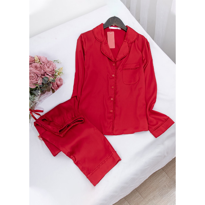 Đồ bộ mặc nhà, đồ ngủ kiểu dáng Pijama chất liệu lụa cao cấp tay dài quần dài có túi hai bên tiện lợi phối viền ren bèo nhỏ tinh tế lịch sự H291
